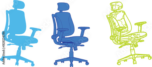 The image presents a side-by-side comparison of three distinct office chairs, each showcasing unique colors and styles, allowing for an effective visual analysis of their designs.