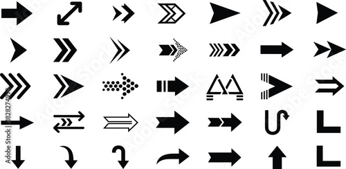 Collection of black arrows in various styles pointing in different directions for design and navigation