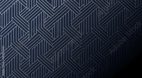 A digital abstract design featuring a repeating herringbone pattern of interlocking rectangular shapes. The rich navy blue background contrasts with the fine silver lines, creating depth and texture. 