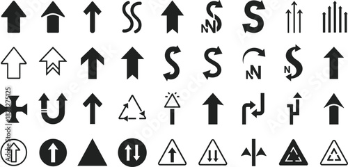 Diverse Arrow Collection Black and White Vector Icons for Directional Navigation