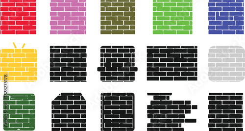 The image showcases a collection of fifteen distinct brick wall patterns, organized in three rows against a clean white background.