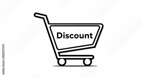 E-commerce Shopping Cart Outline Graphic with Discount Text, Symbolizing Retail Savings and Bargains for Online Promotions