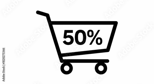 Simple black line icon of a shopping cart showing a twenty-five percent discount for online retail and e-commerce marketing