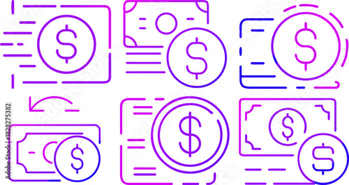 Money transfer dollar currency icons set for finance payment vector