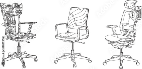 The image features a linear arrangement of three office chairs, presented as minimalist line drawings in black against a clean white background. This simple yet effective presentation 