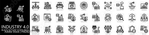 Industry 4.0 glyph icons pack. contain automation, coding, programming, control center, blockchain, protection, delivery, data and more. Vector for print, digital UI, UX kit, web and app development.