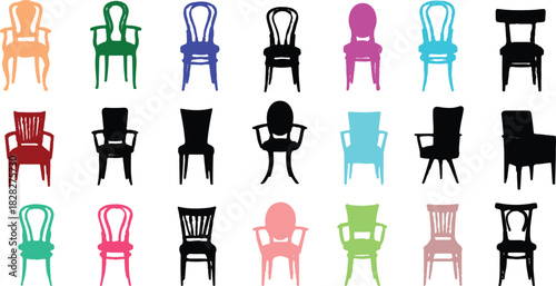 grid layout showcasing 21 distinct chair illustrations, organized into 3 rows and 7 columns. Each chair is uniquely designed, reflecting a variety of styles that cater to different aesthetic 