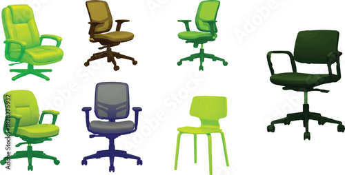The image presents a collection of eight distinct office chairs, each showcasing a unique design and color scheme against a clean white background. This arrangement allows for a clear focus
