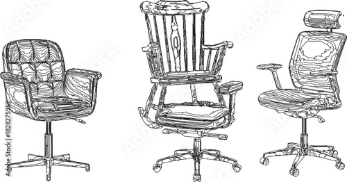  collection of three distinct chairs, each illustrated in a precise black line drawing against a clean white background. This minimalist presentation allows viewers to focus  Victor Illustrator Design