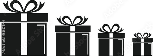 Gift box illustration set, black silhouette, white ribbon, present icon, size comparison, vector artwork, white background