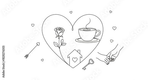 Valentine's Day Line Art Heart-Shaped Design with Rose, Coffee, House, Hands, and Arrows – Celebrating Love and Togetherness