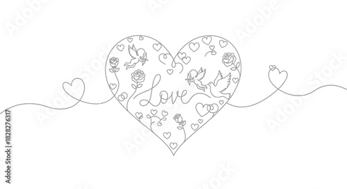Elegant Line Art Heart Design with 'Love' and Decorative Elements Perfect for Valentine's Day and Romantic Occasions