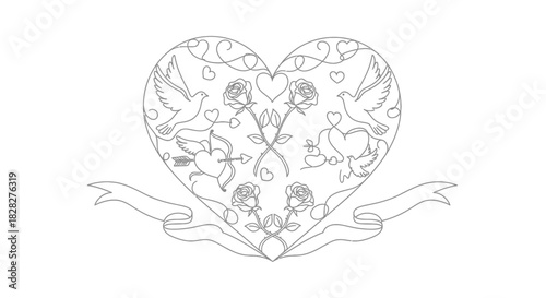 Detailed romantic heart artwork with graceful doves, elegant roses, and Cupid's arrows, symbolizing profound love and enduring passion, perfect for cherished declarations
