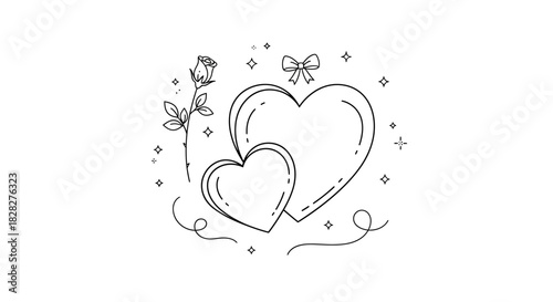 An elegant line art illustration of two romantic hearts and a single rose with a bow, a beautiful symbol of love for Valentine's Day, weddings, and anniversaries
