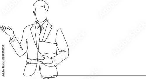 Businessman Presenting with Document. Continuous Line Illustration of Professional Explanation, Meeting, and Office Communication