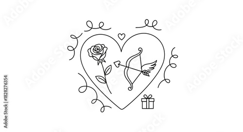Delicate line art illustration of a romantic heart shape, adorned with a blooming rose, Cupid's arrow, and a charming gift box, perfect for celebrating love and special occasions