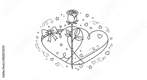 Elegant Valentine's Day Illustration Rose, Hearts, and Bow for Romantic Designs, Love Celebration and Affection