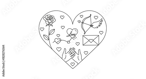 A detailed line art illustration featuring a collection of romantic symbols within a heart shape, a concept of love for Valentine's Day