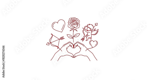 Hand-drawn romantic vector symbols for love. Ideal for Valentine's Day designs, featuring hearts, roses, Cupid, and hand gestures. Perfect for cards and celebrations