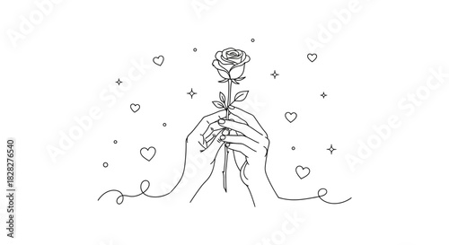Minimalist line art illustration featuring elegant hands tenderly holding a blooming rose, surrounded by delicate hearts and shimmering stars, symbolizing love and affection