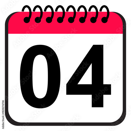 Calendar date icon showing number 04 in a bold red and white spiral page layout, useful reminder icon for event scheduling, planning tasks and daily organization