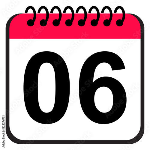 Calendar date icon featuring the number 06 in a bold red and white page style, planner reminder icon for organization, scheduling and time management