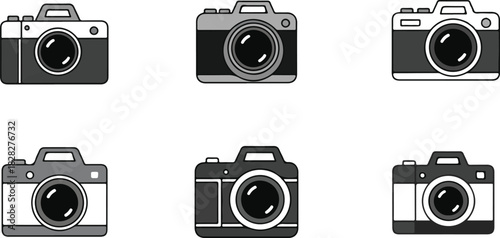 Set of six vintage camera icons in black and white.