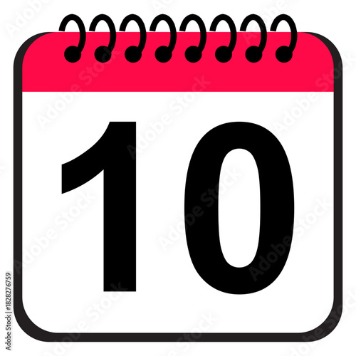 Calendar date icon presenting the number 10 in a bold red and white page style, schedule reminder icon designed for planning, organization and daily management