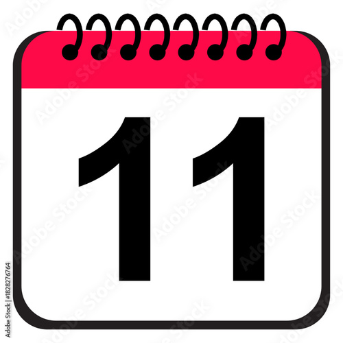 Calendar date icon showing number 11 in a clean red and white spiral page layout, reminder icon for daily planning, scheduling tasks and effective organization