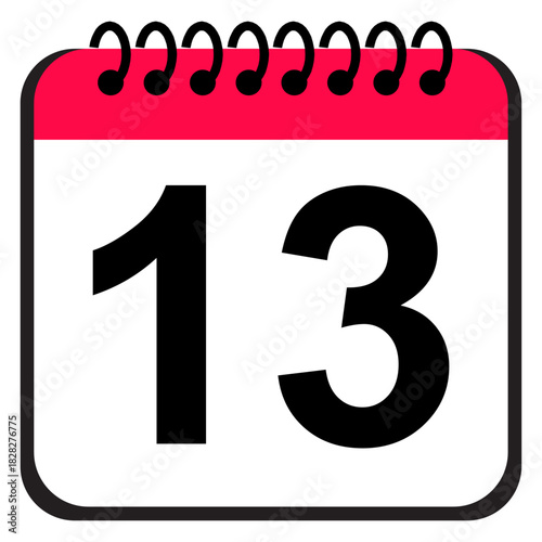 Calendar date icon presenting number 13 in a red and white page design, useful reminder icon for scheduling tasks, planning events and organizing daily routines