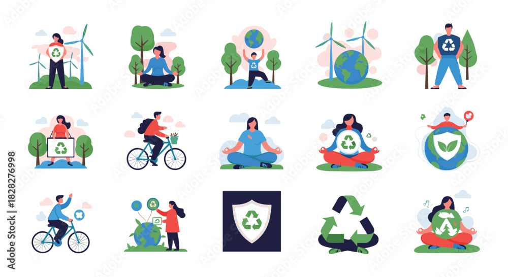 Fototapeta premium Collection of flat illustrations showing people committed to environmental protection, sustainable living, recycling, and green energy initiatives.