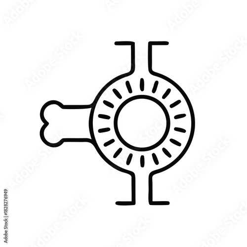 A simple line art illustration of a pipe fitting connected to a circular valve.
