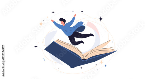 A man floats above an open book surrounded by abstract shapes and stars, symbolizing the imaginative journeys and power of literature.