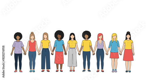 Diverse group of women holding hands in a line, symbolizing unity, sisterhood, and support among different cultures and backgrounds.