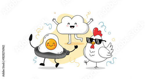 Whimsical illustration of breakfast characters: a happy fried egg, a dancing cloud, and a cool chicken having fun.