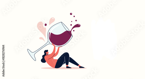 A woman struggles to hold an oversized glass of red wine, spilling it as she sits on the ground, illustrating themes of excess or enjoyment.