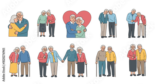 Heartwarming illustrations of diverse senior couples and friends expressing love, happiness, and mutual support in various poses.