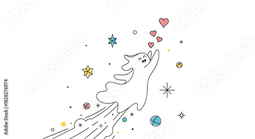 A happy, whimsical character joyfully soars through a minimalist starry cosmos, leaving a bright trail and reaching for floating hearts.