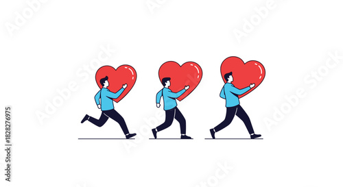 Three stylized men in motion, each carrying a large red heart, illustrating the journey and effort of spreading love, care, and emotional connection.