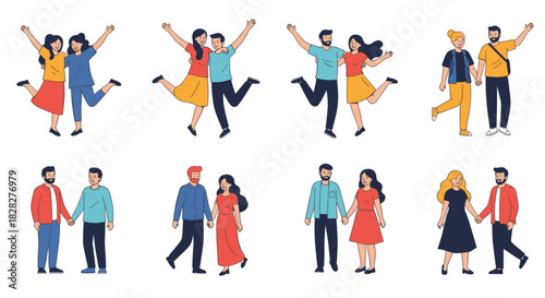 Happy diverse couples and friends in various joyful poses, some jumping, some holding hands, isolated on white background.
