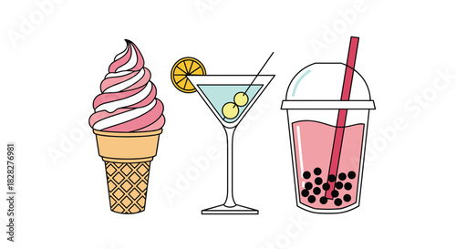 A vibrant collection of refreshing summer treats including swirled ice cream, a cool martini cocktail, and a delightful bubble tea.