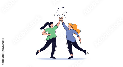 Two energetic women high-five in celebration, symbolizing teamwork, friendship, and success with dynamic sparkling effects.