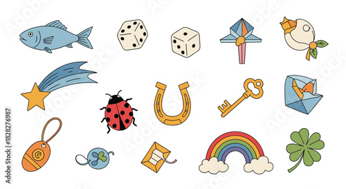 A collection of colorful illustrations depicting various symbols of luck and good fortune on a white background.