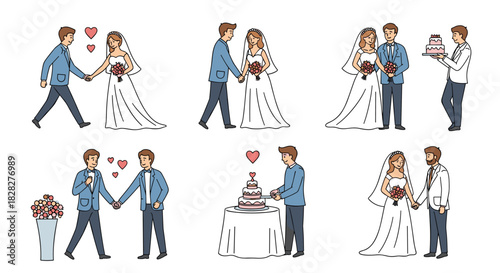 Diverse cartoon illustrations depicting various couples, including same-sex pairs, celebrating their wedding day with cakes and flowers.