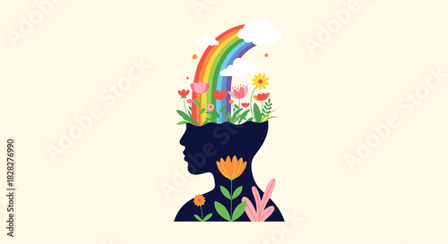 A human head silhouette filled with a vibrant rainbow and blossoming flowers, representing positive thinking, mental well-being, and growth.