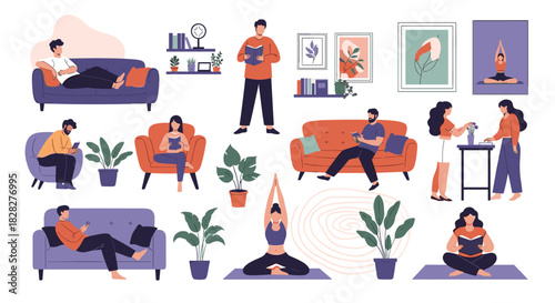 Diverse individuals enjoying relaxation and leisure activities at home, including reading, meditation, and tending to plants.