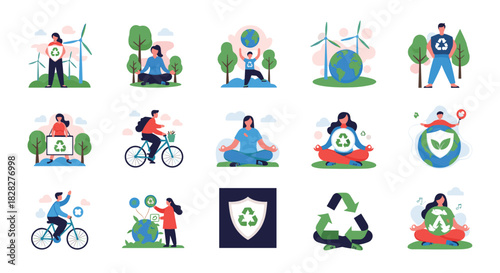 Collection of flat illustrations showing people committed to environmental protection, sustainable living, recycling, and green energy initiatives.