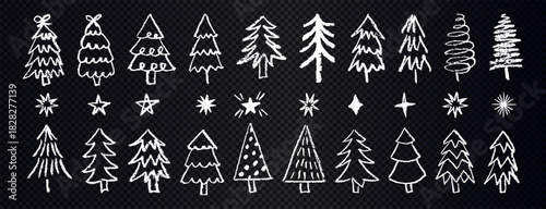 White Christmas trees and stars set. Set of chalk trees isolated on transparent background. Pencil brush stars
