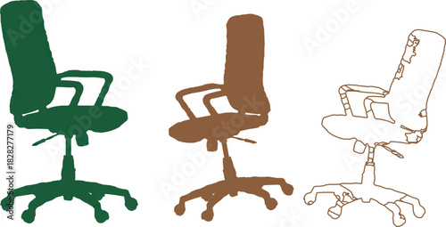The image features a trio of office chairs arranged against a clean white background, allowing for a clear focus on their distinct colors and styles.Victor Illustrator Design