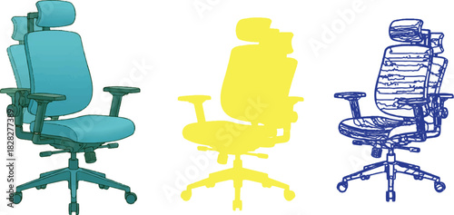 The image features a trio of office chairs displayed horizontally, each showcasing distinct styles and colors that highlight their unique characteristics.Victor Illustrator Design